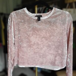 Forever 21 Pink Velvet Cropped Long Sleeve Blouse, Size Large